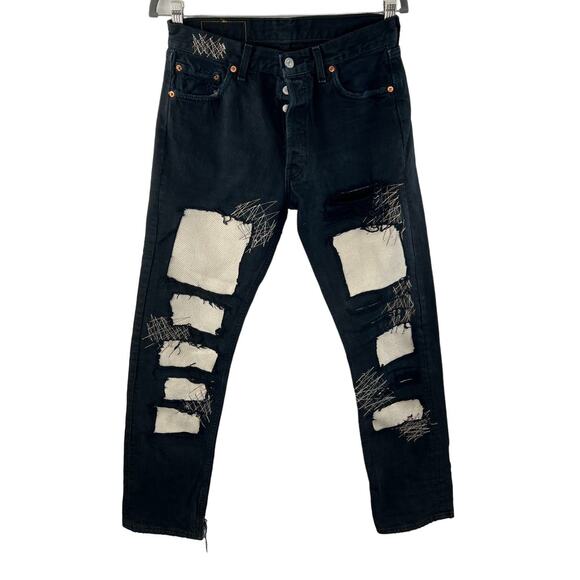 FREE PEOPLE x Rialto Levi501 Straight Leg Patch Jeans Black Dark Denim Size 30 - Picture 2 of 8